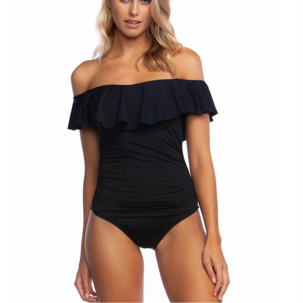 La Blanca Island Goddess Black Ruffle One-Piece Swimsuit Tummy Control 12 Nwt